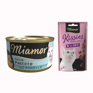 Miamor: Pastete, karma mokra, 12 x 85 g + Kissies z kaczką, przysmak dla kota, 50 g gratis! - Pstrąg