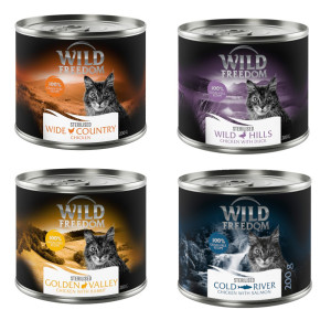 Wild Freedom Adult Sterilised, bezzbożowa receptura, 6 x 200 g - Pakiet mieszany (2x kurczak, 2x kurczak i łosoś, 1x kurczak i królik, 1x kurczak i kaczka)