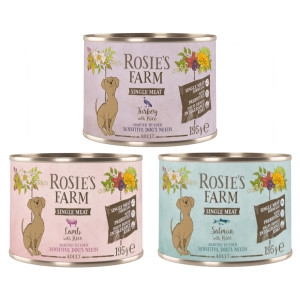 Rosie's Farm Single Meat Adult, 6 x 195 g - Pakiet mieszany (indyk i ryż, jagnięcina i ryż, ryba i ryż)