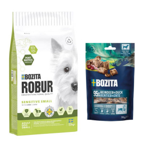 7,5 kg / 12 kg Bozita Robur + Bozita Meaty Bites, renifer i kaczka, 2 x 70 g gratis! - Adult Small Breed Sensitive, jagnięcina, 7,5 kg