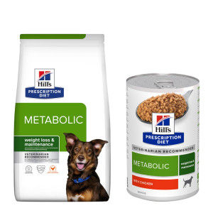 Hill's Prescription Diet: karma sucha, 10 / 12 kg + karma mokra, 3 x 360 g / 370 g gratis! - Metabolic Weight Management, kurczak, 12 kg + Metabolic Weight Management, kurczak, 3 x 370 g