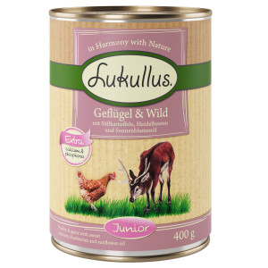 Megapakiet Lukullus Junior, 24 x 400 g - Drób z dziczyzną (bez zbóż)