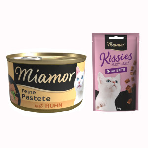 Miamor: Pastete, karma mokra, 12 x 85 g + Kissies z kaczką, przysmak dla kota, 50 g gratis! - Kurczak