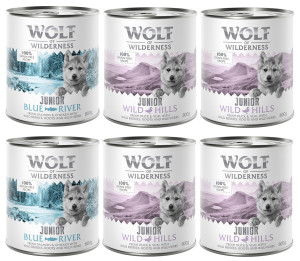 Pakiet mieszany Wolf of Wilderness JUNIOR  - 6 x 800 g: 4x kaczka i cielęcina, 2x kurczak i łosoś