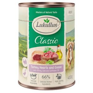 Megapakiet Lukullus Natural, 24 x  400 g - Serca z indyka i gęś