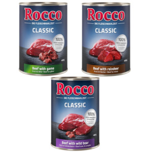 Pakiet mieszany Rocco Classic, 12 x 400 g - Mix z dziczyzną: Wołowina/Dziczyzna, Wołowina/Renifer, Wołowina/Dzik