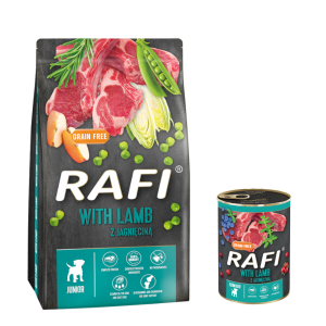 Pakiet mieszany Rafi Junior, 10 kg + 24 x 400 g - Zestaw I: 10 kg z jagnięciną + 24 x 400 g Pastete, z jagnięciną, żurawiną i jagodami