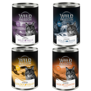Wild Freedom Adult Sterilised, 6 x 400 g - bezzbożowa receptura - Pakiet mieszany (kurczak, łosoś, królik, kaczka)