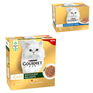 Megapakiet Gourmet Gold, 96 x 85 g + pakiet mieszany mięsny Feine Pastete, 24 x 85 g gratis! - Soczyste kawałeczki (kurczak, ryba morska, wołowina, łosoś)