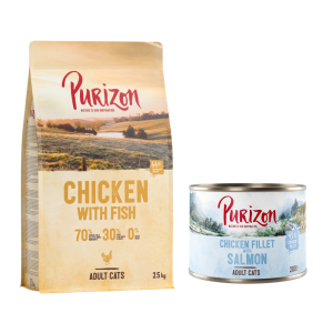 Pakiet Purizon karma sucha 2,5 kg + karma mokra Adult, filet z kurczaka z łososiem, 6 x 200 g - Purizon Adult dla kota, kurczak i ryba – bez zbóż