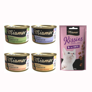 Miamor: Pastete, karma mokra, 12 x 85 g + Kissies z kaczką, przysmak dla kota, 50 g gratis! - Mięsny mix