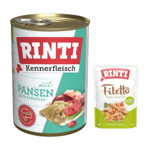 RINTI: karma mokra dla psa, 6 x 400 g + Filetto w galarecie, kaczka z warzywami, 100 g gratis! - Kennerfleisch, żwacze