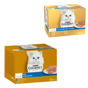 Megapakiet Gourmet Gold, 96 x 85 g + pakiet mieszany mięsny Feine Pastete, 24 x 85 g gratis! - Delikatny mus