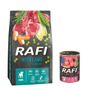 Pakiet mieszany Rafi Junior, 10 kg + 24 x 400 g - Zestaw II: 10 kg z jagnięciną + 24 x 400 g Pastete z cielęciną, żurawiną i jagodami
