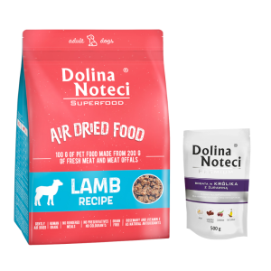 Pakiet mieszany Dolina Noteci Superfood Adult, 1 kg + 10x500 g - Zestaw III: 1 kg Superfood Adult, z jagnięciną + 10 x 500 g Premium w saszetkach, królik z żurawiną