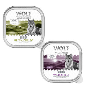 Wolf of Wilderness Senior - receptura dwubiałkowa, 6 / 24 x 300 g w tackach - 24 x 300 g: Pakiet mieszany (12x jagnięcina i kurczak, 12x kaczka i cielęcina)