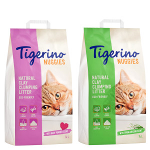 Pakiet mieszany Tigerino Nuggies, 2 x 14 l - Zapach pudru dziecięcego + zapach wiosennej łąki