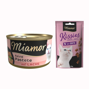 Miamor: Pastete, karma mokra, 12 x 85 g + Kissies z kaczką, przysmak dla kota, 50 g gratis! - Łosoś