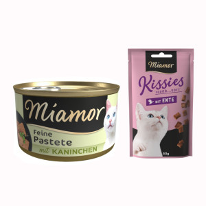 Miamor: Pastete, karma mokra, 12 x 85 g + Kissies z kaczką, przysmak dla kota, 50 g gratis! - Królik