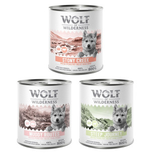 Pakiet mieszany Wolf of Wilderness JUNIOR  - 6 x 800 g: 2x drób z wołowiną, 2x drób z jagnięciną, 2x drób z wieprzowiną