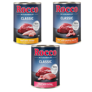 Pakiet mieszany Rocco Classic, 12 x 400 g - Mix drobiowy: Wołowina/Kurczak, Wołowina/Serca drobiowe, Wołowina/Indyk