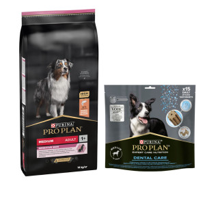 PURINA PRO PLAN: karma sucha dla psa, 12 kg / 14 kg + przysmaki dla psa gratis! - Medium Adult Sensitive Skin, łosoś i ryż, 14 kg + Dental Care Medium Dog, 345 g