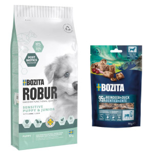 7,5 kg / 12 kg Bozita Robur + Bozita Meaty Bites, renifer i kaczka, 2 x 70 g gratis! - Sensitive Grain Free Puppy, jagnięcina, 12 kg