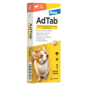AdTabâ„¢ tabletki do rozgryzania i Å¼ucia przeciw pchÅ‚om i kleszczom dla psÃ³w - 1szt., 225 mg, dla psÃ³w o wadze 5,5 - 11 kg