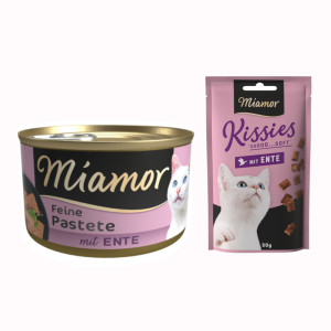 Miamor: Pastete, karma mokra, 12 x 85 g + Kissies z kaczką, przysmak dla kota, 50 g gratis! - Kaczka