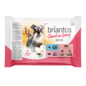 Mieszany pakiet próbny Briantos w saszetkach, 4 x 100 g - Kawałeczki w sosie, łosoś i wołowina