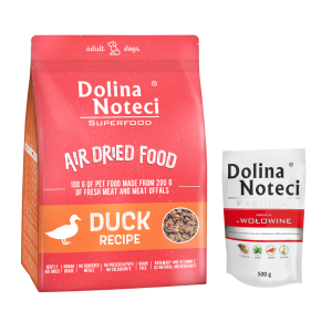 Pakiet mieszany Dolina Noteci Superfood Adult, 1 kg + 10x500 g - Zestaw I: 1 kg Superfood Adult, z kaczką + 10 x 500 g Premium w saszetkach, wołowina