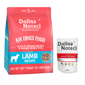 Pakiet mieszany Dolina Noteci Superfood Adult, 1 kg + 10x500 g - Zestaw IV: 1 kg Superfood Adult, z jagnięciną + 10 x 500 g Premium w saszetkach, wołowina