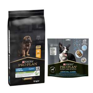 PURINA PRO PLAN: karma sucha dla psa, 12 kg / 14 kg + przysmaki dla psa gratis! - Large Robust Puppy Healthy Start, kurczak i ryż, 12 kg + Dental Care Medium Dog, 345 g