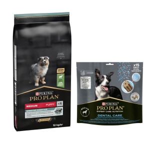 PURINA PRO PLAN: karma sucha dla psa, 12 kg / 14 kg + przysmaki dla psa gratis! - Medium Puppy Sensitive Digestion, jagnięcina i ryż, 12 kg + Dental Care Medium Dog, 345 g
