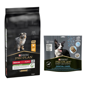 PURINA PRO PLAN: karma sucha dla psa, 12 kg / 14 kg + przysmaki dla psa gratis! - Medium Puppy Healthy Start, kurczak i ryż, 12 kg  + Dental Care Medium Dog, 345 g