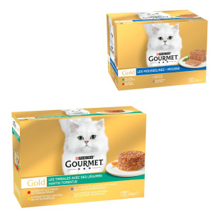Megapakiet Gourmet Gold, 96 x 85 g + pakiet mieszany mięsny Feine Pastete, 24 x 85 g gratis! - Pakiet mieszany II (ragout - wołowina, kurczak, jagnięcina, indyk z warzywami)