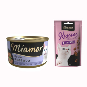 Miamor: Pastete, karma mokra, 12 x 85 g + Kissies z kaczką, przysmak dla kota, 50 g gratis! - Serca drobiowe