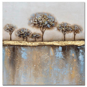 Monee Ölgemälde, Blau, Braun, Gelb, Schwarz, Gold, Holz, Textil, Tanne, massiv, Bäume, rechteckig, 150x55 cm, handgemalt, Keilrahmen, Bilder und