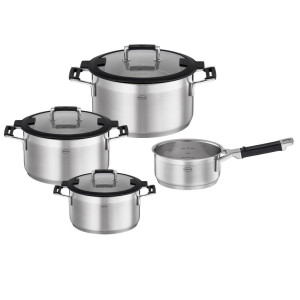 Rösle Kochtopfset Silence Pro, Edelstahl, Metall, 4-teilig, 24 cm,16 cm, 8,7 L,2,9 L,1,9 L,1,4 L, 31x55x23.5 cm, Messskala, geschmacksneutral, Kochen,