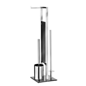 Wenko Wc-Bürstenkombination Rivalta, Schwarz, Edelstahl, Metall, 18x70x23 cm, Bürstenkopf austauschbar, Ersatzrollenhalter, Papierhalter, Badezimmer,