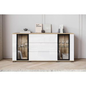 P & B Sideboard Caro, Eiche Wotan, Weiß Hochglanz, Kunststoff, 2 Fächer, 3 Schublade(n) Schubladen, kaltweiß, 150x69.7x39.5 cm, Fsc, stehend,