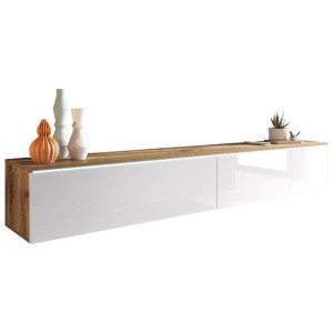P & B Lowboard D180, Eiche Wotan, Weiß Hochglanz, Kunststoff, kaltweiß, 180x30x33 cm, Fsc, Made in EU, stehend, hängend, Beleuchtung, in verschiedenen