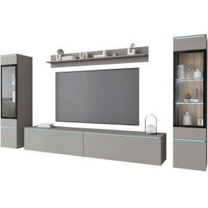 P & B Wohnwand Vera, Grau, Kunststoff, 4-teilig, 6 Fächer, kaltweiß, 240x130x33 cm, Fsc, stehend, hängend, Beleuchtung, Wohnzimmer, Wohnwände,