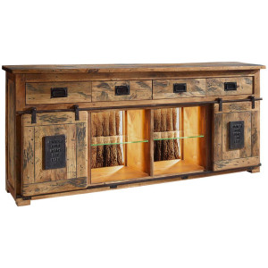Livetastic Sideboard, Braun, Schwarz, Holz, Metall, Glas, Mangoholz, massiv, 4 Fächer, 4 Schublade(n) Schubladen, 200x90x45 cm, Beleuchtung,