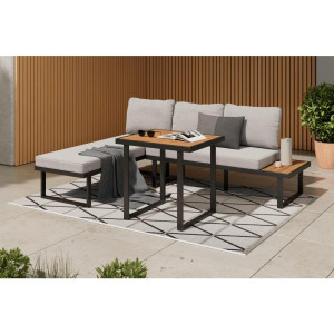 Ambia Garden Dining-Loungeset, Grau, Natur, Schwarz, Holz, Metall, Akazie, vollmassiv, Füllung: Schaumstoff, 219x147 cm, Loungemöbel,