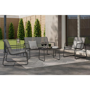Ambia Garden Gartenset, Schwarz, Dunkelgrau, Metall, Glas, Textil, 4-teilig, Gartenmöbel, Gartenmöbel-Sets