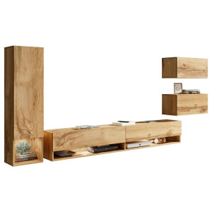 P & B Wohnwand Amadeo, Eiche Wotan, Holzwerkstoff, 4-teilig, 5,1,1 Fächer, kaltweiß, 270x130x32.5 cm, Fsc, Made in EU, hängend, Beleuchtung,