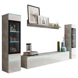 P & B Wohnwand Vera, Weiß Hochglanz, Grau, Kunststoff, 4-teilig, Betonoptik, 6 Fächer, kaltweiß, 240x130x33 cm, Fsc, Made in EU, stehend, hängend,