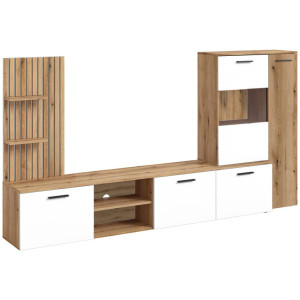 Boxxx Wohnwand, Weiß, Eiche, Glas, Holzwerkstoff, 4-teilig, 9 Fächer, 250x135x38 cm, Wohnzimmer, Wohnwände, Anbauwände