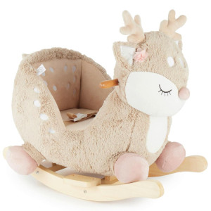 Schaukeltier Reh Ella, Beige, Holz, Metall, Textil, Pinie, 60x52x26.5 cm, Fußstützen, Haltegriffe, gepolsterte Sitzfläche, Gurtsystem, Spielzeug,